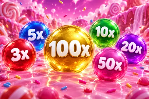 Sweet Bonanza bonus turunda üzerinde çarpan yazan renkli küreler