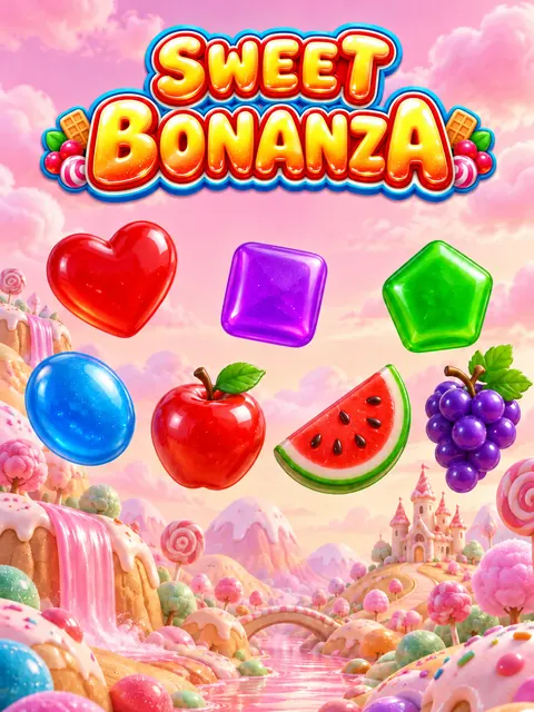 Pembe şeker diyarında Sweet Bonanza yazısı, şeker ve meyve sembolleri